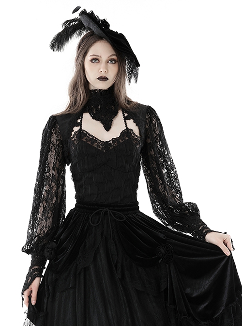 Gothic Style Exquisite Dark Pattern Retro Lace Stitching Stand Collar Long Sleeves Hollow Black Cape