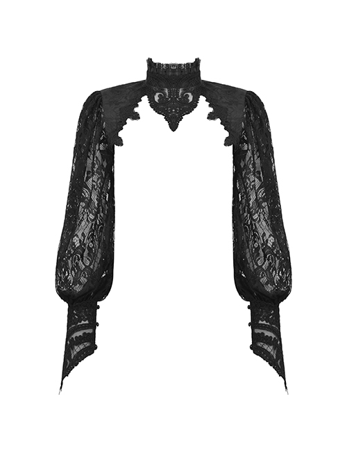 Gothic Style Exquisite Dark Pattern Retro Lace Stitching Stand Collar Long Sleeves Hollow Black Cape