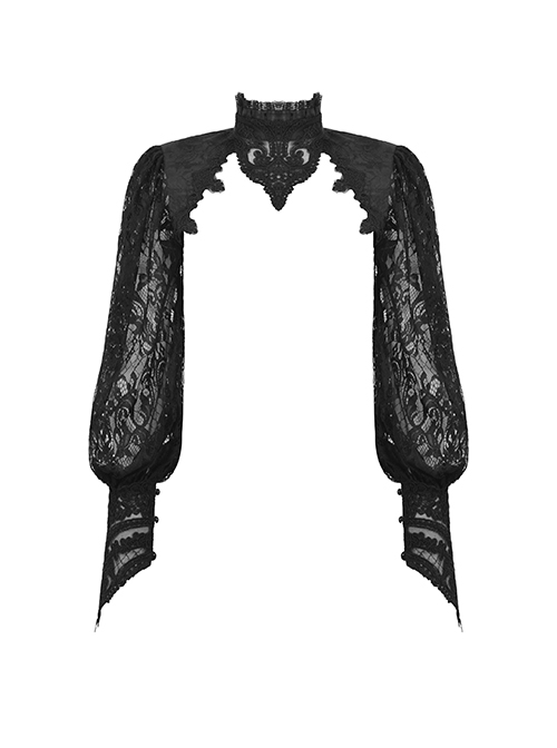 Gothic Style Exquisite Dark Pattern Retro Lace Stitching Stand Collar Long Sleeves Hollow Black Cape