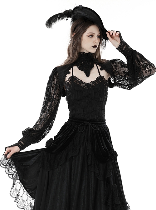 Gothic Style Exquisite Dark Pattern Retro Lace Stitching Stand Collar Long Sleeves Hollow Black Cape