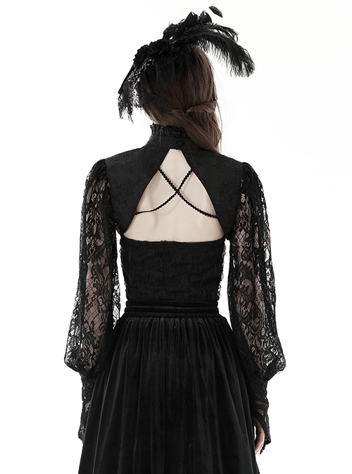 Gothic Style Exquisite Dark Pattern Retro Lace Stitching Stand Collar Long Sleeves Hollow Black Cape