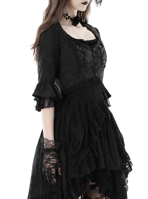 Gothic Dark Style Exquisite Dark Pattern Round Neck Patchwork Retro Palace Elegant Black Half Sleeve Blouses