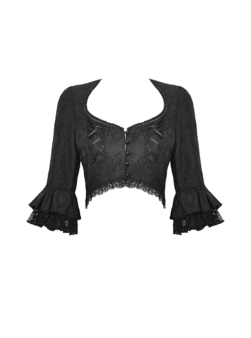 Gothic Dark Style Exquisite Dark Pattern Round Neck Patchwork Retro Palace Elegant Black Half Sleeve Blouses