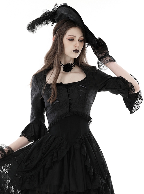 Gothic Dark Style Exquisite Dark Pattern Round Neck Patchwork Retro Palace Elegant Black Half Sleeve Blouses