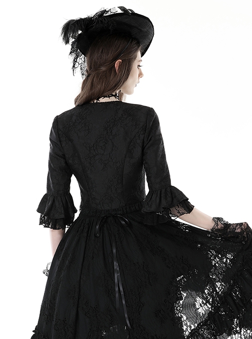 Gothic Dark Style Exquisite Dark Pattern Round Neck Patchwork Retro Palace Elegant Black Half Sleeve Blouses