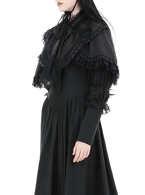 Dark Gothic Style Elegant Exquisite Palace Style Lace Splicing Bowknot Decorated Black Short Cape