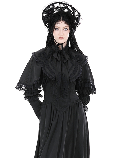 Dark Gothic Style Elegant Exquisite Palace Style Lace Splicing Bowknot Decorated Black Short Cape