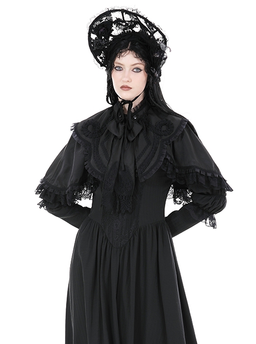 Dark Gothic Style Elegant Exquisite Palace Style Lace Splicing Bowknot Decorated Black Short Cape