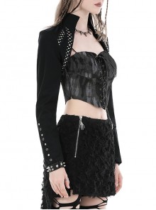 Punk Style Cool Silver Metal Round Rivets Decorated Black Slim Long Sleeve Short Cape