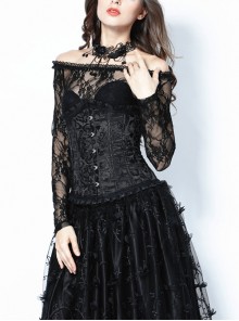 Gothic Style Victorian Vintage Black Dark Pattern Lace Ruffle Five Button Waist Shaping Corset