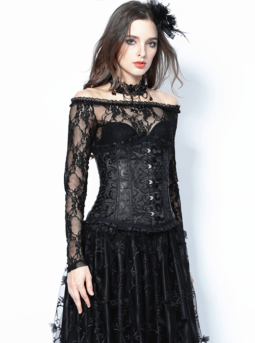 Gothic Style Victorian Vintage Black Dark Pattern Lace Ruffle Five Button Waist Shaping Corset