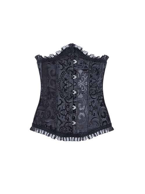 Gothic Style Victorian Vintage Black Dark Pattern Lace Ruffle Five Button Waist Shaping Corset