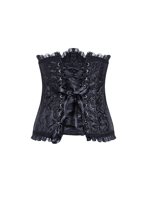 Gothic Style Victorian Vintage Black Dark Pattern Lace Ruffle Five Button Waist Shaping Corset