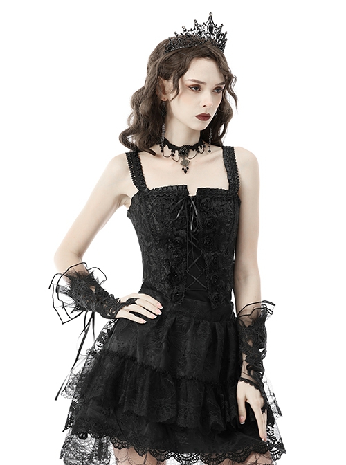 Gothic Style Backless Delicate Jacquard Fabric Flower Lace Decoration Black Sexy Suspender Tight Corset Top