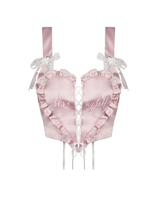 Gothic Style Sweet Love Hollow Embroidery White Ribbon Bowknot Decoration Sexy Pink Suspender Top