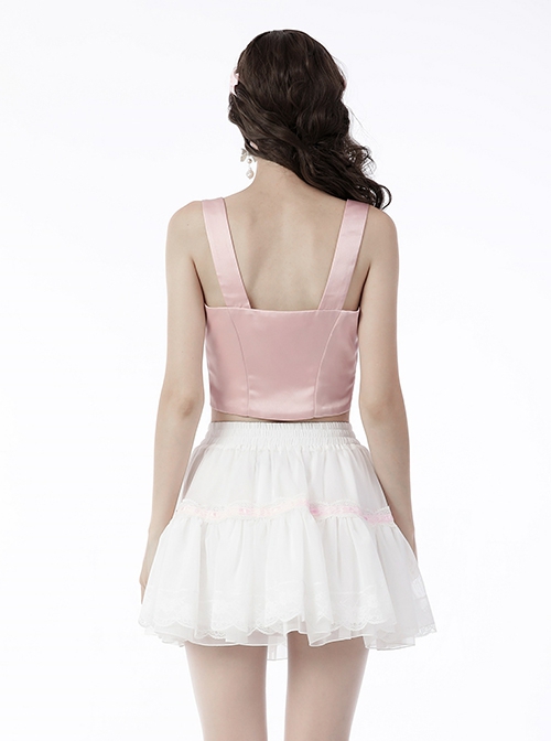 Gothic Style Sweet Love Hollow Embroidery White Ribbon Bowknot Decoration Sexy Pink Suspender Top