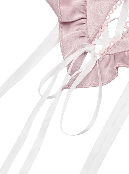 Gothic Style Sweet Love Hollow Embroidery White Ribbon Bowknot Decoration Sexy Pink Suspender Top