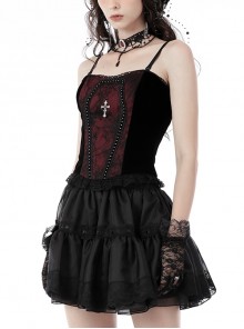 Gothic Style Spider Web Lace Silver Cross Round Rivets Decorated Black Red Color Match Velvet Suspender Corset Top