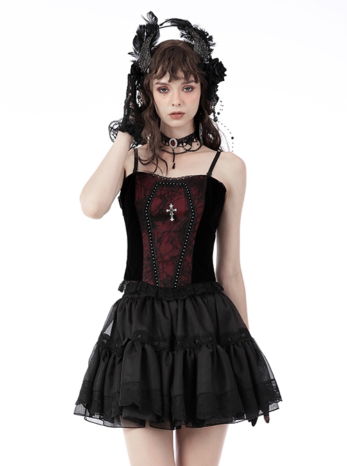 Gothic Style Spider Web Lace Silver Cross Round Rivets Decorated Black Red Color Match Velvet Suspender Corset Top