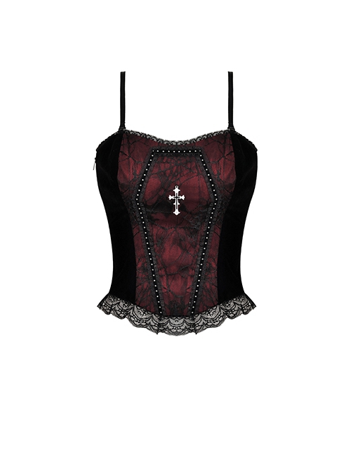 Gothic Style Spider Web Lace Silver Cross Round Rivets Decorated Black Red Color Match Velvet Suspender Corset Top