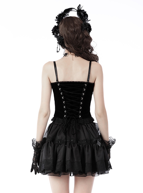 Gothic Style Spider Web Lace Silver Cross Round Rivets Decorated Black Red Color Match Velvet Suspender Corset Top