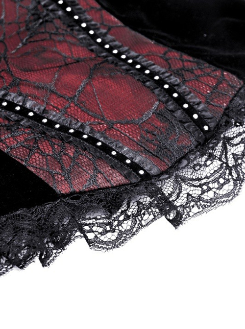 Gothic Style Spider Web Lace Silver Cross Round Rivets Decorated Black Red Color Match Velvet Suspender Corset Top