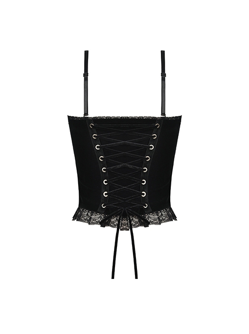 Gothic Style Spider Web Lace Silver Cross Round Rivets Decorated Black Red Color Match Velvet Suspender Corset Top