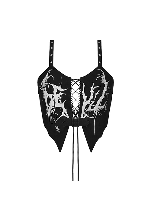 Punk Style Dark Cool Printed Bat Wing Hem Halloween Sexy Hollow Black White Cropped Navel Suspender Corset Top