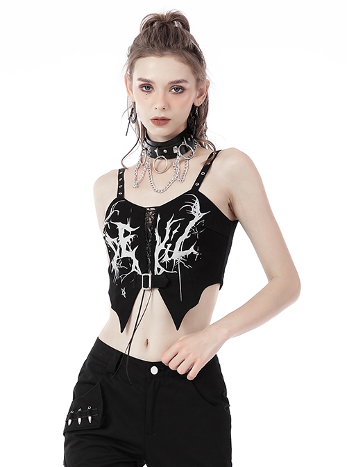 Punk Style Dark Cool Printed Bat Wing Hem Halloween Sexy Hollow Black White Cropped Navel Suspender Corset Top