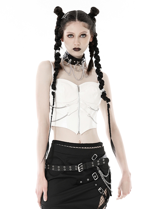 Punk Style Sexy Metal Chain Decorated Crocodile Pattern White Leather Tight Suspender Top