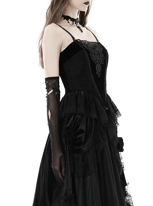 Gothic Style Gorgeous Retro Velvet Strap Lace Fishtail Hem Black Tight Suspender Corset Top