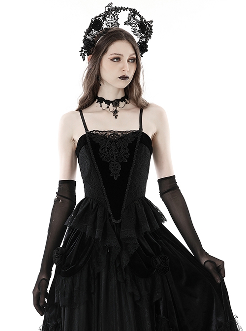 Gothic Style Gorgeous Retro Velvet Strap Lace Fishtail Hem Black Tight Suspender Corset Top