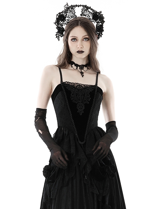 Gothic Style Gorgeous Retro Velvet Strap Lace Fishtail Hem Black Tight Suspender Corset Top