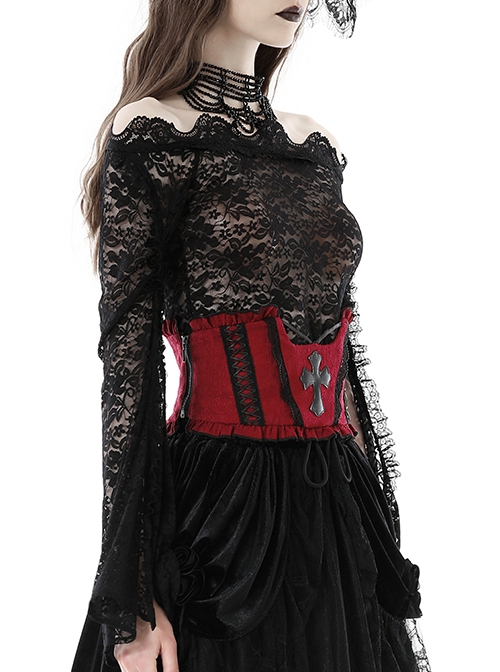 Gothic Style Jacquard Black Lace Embellish Leather Cross Decoration Elastic Strap Red Underbust Corset