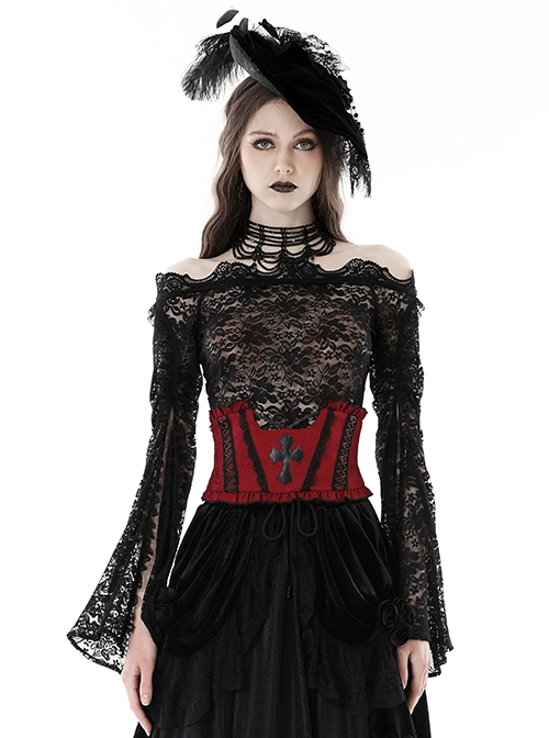 Gothic Style Jacquard Black Lace Embellish Leather Cross Decoration Elastic Strap Red Underbust Corset