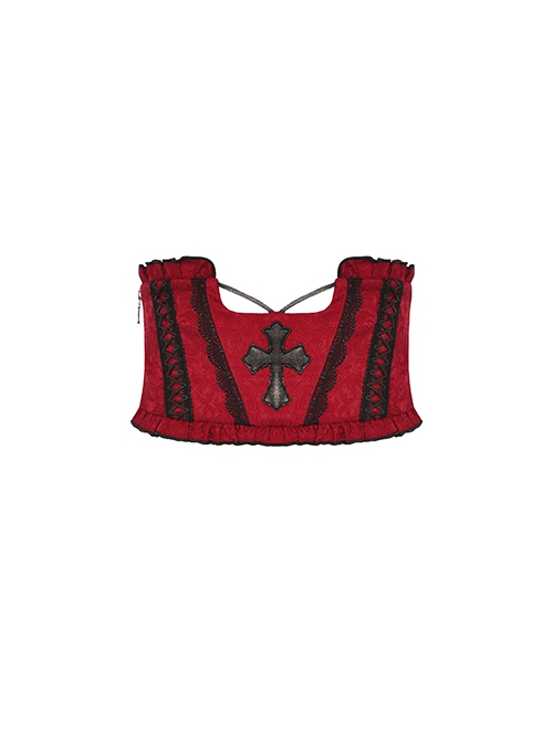 Gothic Style Jacquard Black Lace Embellish Leather Cross Decoration Elastic Strap Red Underbust Corset