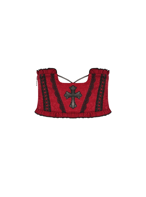 Gothic Style Jacquard Black Lace Embellish Leather Cross Decoration Elastic Strap Red Underbust Corset