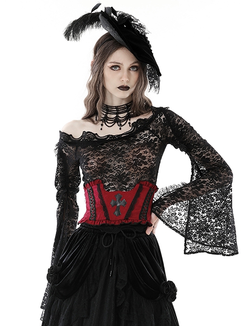 Gothic Style Jacquard Black Lace Embellish Leather Cross Decoration Elastic Strap Red Underbust Corset