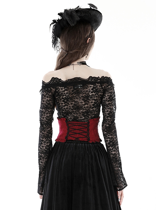 Gothic Style Jacquard Black Lace Embellish Leather Cross Decoration Elastic Strap Red Underbust Corset