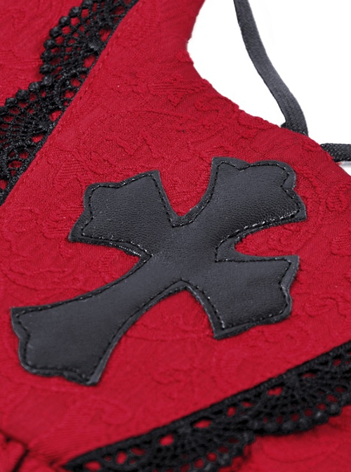 Gothic Style Jacquard Black Lace Embellish Leather Cross Decoration Elastic Strap Red Underbust Corset