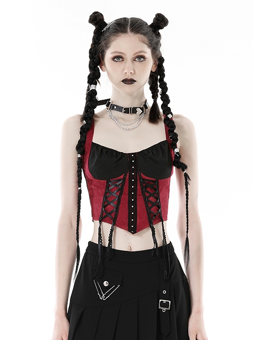 Gothic Style Silver Metal Round Rivet Ribbon Lace Decoration Stretch Black And Red Tight Suspender Top