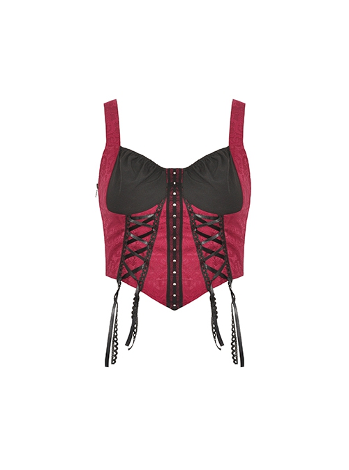 Gothic Style Silver Metal Round Rivet Ribbon Lace Decoration Stretch Black And Red Tight Suspender Top