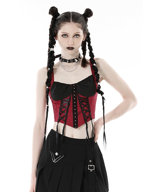 Gothic Style Silver Metal Round Rivet Ribbon Lace Decoration Stretch Black And Red Tight Suspender Top