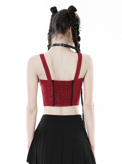 Gothic Style Silver Metal Round Rivet Ribbon Lace Decoration Stretch Black And Red Tight Suspender Top