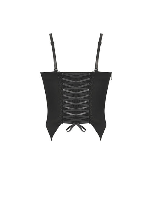 Gothic Style Unique Waist Leather Strap Red Cross Ribbon Spiked Hem Elastic Black Tight Suspender Corset Top