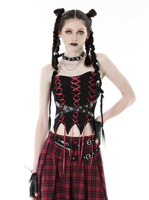 Gothic Style Unique Waist Leather Strap Red Cross Ribbon Spiked Hem Elastic Black Tight Suspender Corset Top