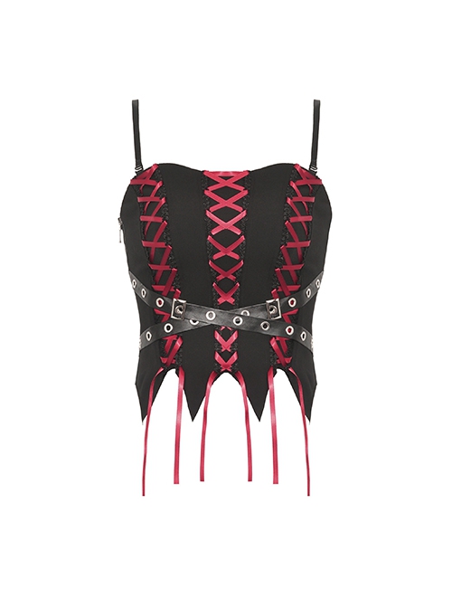 Gothic Style Unique Waist Leather Strap Red Cross Ribbon Spiked Hem Elastic Black Tight Suspender Corset Top