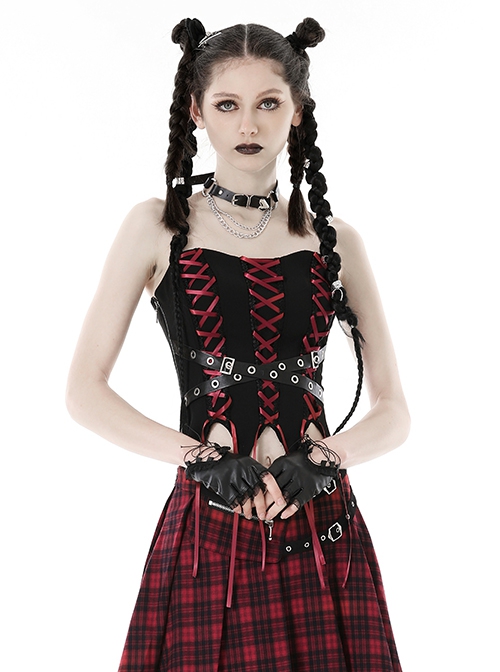 Gothic Style Unique Waist Leather Strap Red Cross Ribbon Spiked Hem Elastic Black Tight Suspender Corset Top