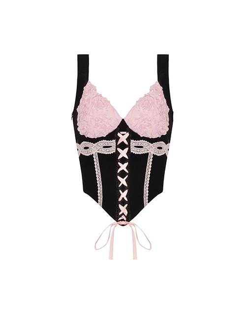 Gothic Style Chest Sweet Three-Dimensional Rose Pattern Pink Lace Cross Ribbon Decoration Black Velvet Vest