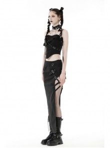 Punk Style Cool Cross Straps On The Chest Metal Buckles Decorate Black Tight Suspender Corset Top